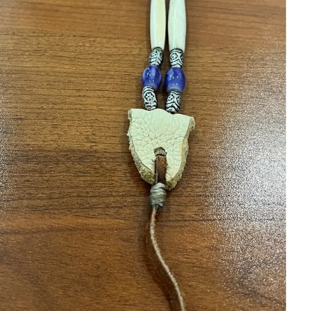 NWOT Vintage Native American Bone 2 Rows Leather Choker - Never Used - Picture 3 of 5